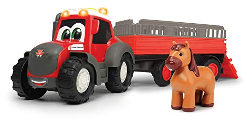 Dickie Toys 203815005 Happy Massey Ferguson Animal Trailer Tractor con Colgante de Animal y Caballo, rastreador con Colgante, Juguete de Granja, luz y Sonido, 30 cm, a Partir de 12 Meses, Color Rojo