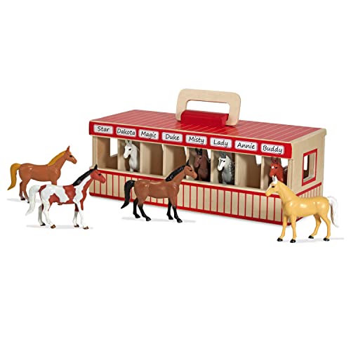 Melissa & Doug Establo de madera con caballos de exhibición|Juego imaginativo y creativo | 8 caballos de juguete | Juguete Montessori de madera |Regalo para niños y niñas de 3 4 5 6 7 Años