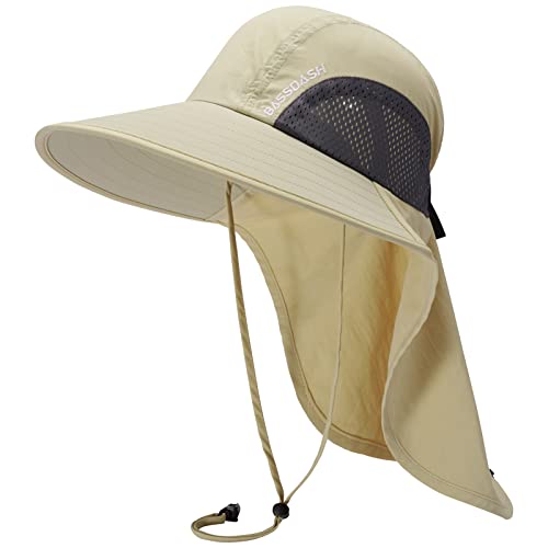 BASSDASH UPF 50+ Sombrero de Sol de ala Ancha Unisex Resistente al Agua con Solapa de Cuello Grande Sombrero de Pesca de Cola de Caballo para Hombres Mujeres