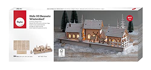 Rayher Maqueta de casas navideñas para montar, 40x14,5x17 cm, pueblo de Navidad en madera, 63158505