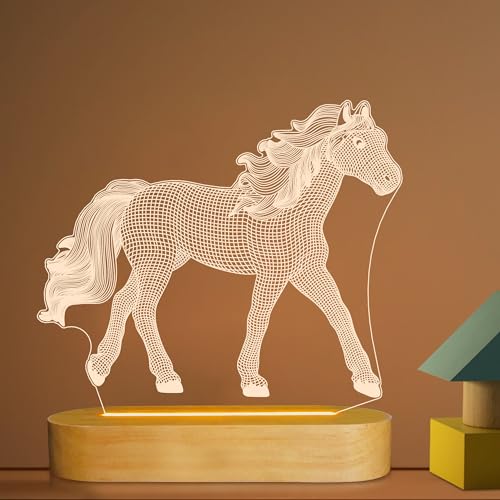 Lightzz Regalos para amantes de los caballos, luz de noche de caballo óptico con ilusión 3D, lámpara de mesa de escritorio blanca cálida LED para decoración de dormitorio de niñas y niños