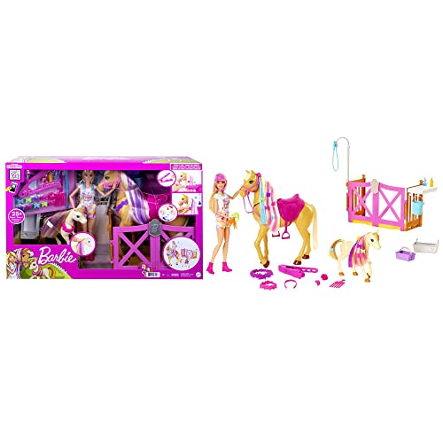 Barbie con caballo y poni Muñeca rubia con animales de juguete y accesorios de establo y para peinar al caballo (Mattel GXV77)