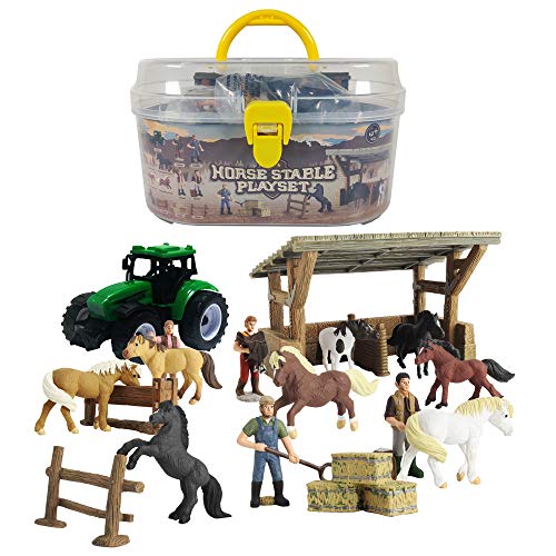 GreenKidz DINOBROS Horse Stable Playset Juguetes para niños y niñas de 3 años en adelante Incluye 8 Caballos y Accesorios 17 Piezas Horse Stall Farm Set con Estuche portátil