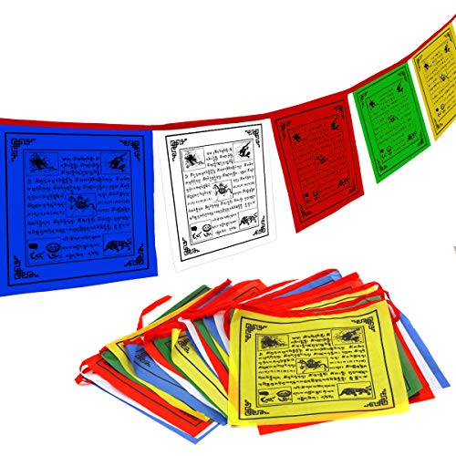 Anley Bandera de Oración Budista del Tíbet - Cinco Elementos Tradicionales - Diseño Caballo de Viento Horizontal (25 x 25 cm) - 25 Banderas y 7 Metros