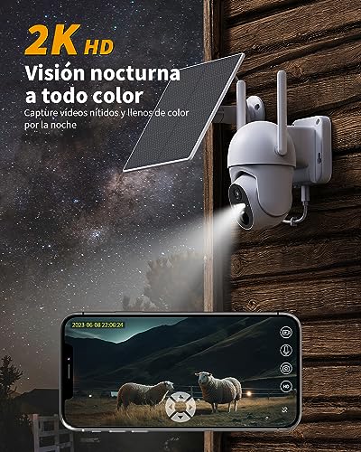 NUASI 2K 4G LTE Camara Vigilancia Exterior con Panel Solar, 360 Grados PTZ, PIR Detección de Movimiento, Visión Nocturna en Color, Audio Bidireccional, IP66 Impermeable, con Tarjeta 32GB y SIM