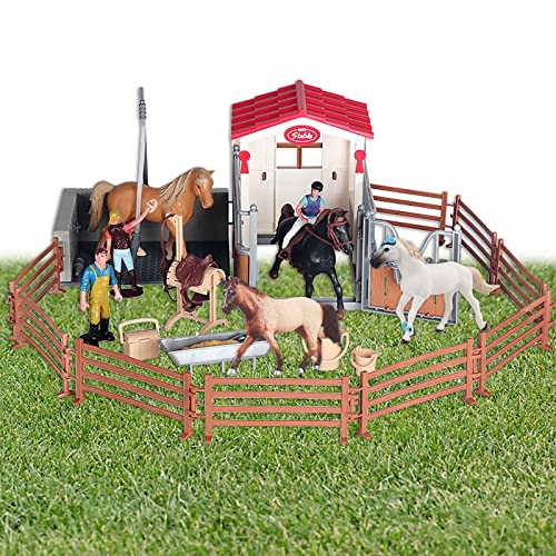 33 Piezas Horse Club, Horse Stable Toys Horse Stable Set con área de Lavado de Caballos y Tack Toys Horses Rider Play Figure and Accessories - Farm World para Niños de 4 a 6 Años